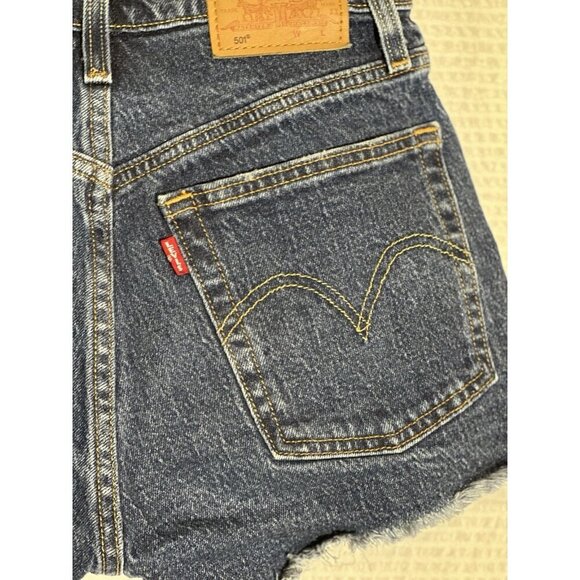 Levi's 501 Women's Denim Jean Shorts Blue Button Fly, Raw Hem, Dark Wash Size 24 - Picture 8 of 9